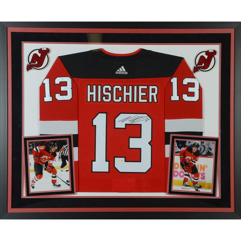 Nico Hischier New Jersey Devils Deluxe Framed Autographed Red Adidas Authentic Jersey