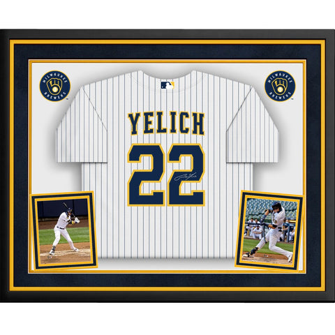 Christian Yelich Milwaukee Brewers Deluxe Framed Autographed White Pinstripe Majestic Replica Jersey