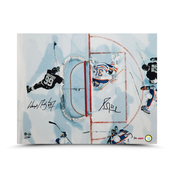 Wayne Gretzky and Grant Fuhr Dual Autographed "Aerial Assault" 16 x 20