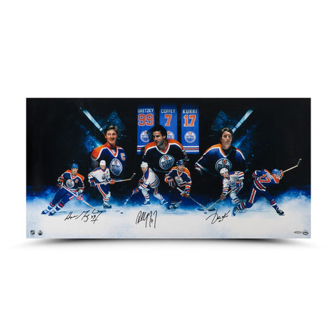 Wayne Gretzky, Paul Coffey and Jari Kurri Autographed "Oilers Greats" 36 x 18